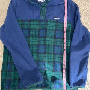 Lands' End Teal and Navy Plaid Fleece Pullover